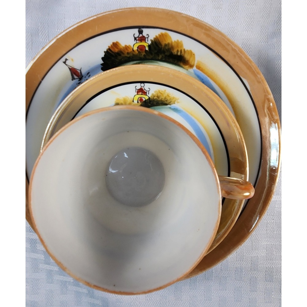17 Pc Japanese 6 Teacups, 6 Saucers & 5 Dessert Plates Bone China Lake Scene
